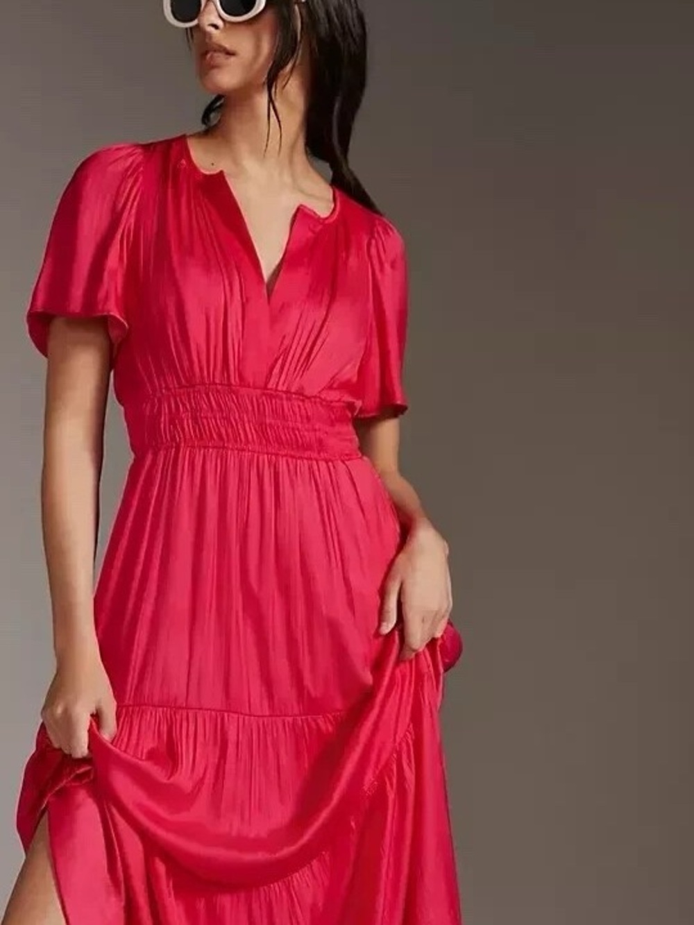 Anthropologie Somerset Maxi Dress Pink Satin Smocked Waist Pockets NWT L - Picture 4 of 14